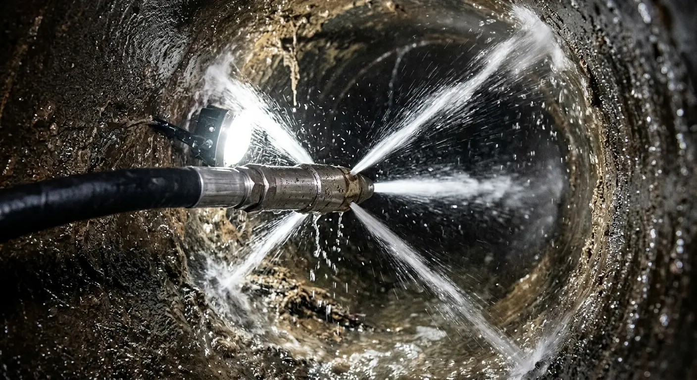High-pressure hydro jetting nozzle cleaning sewer pipe for Trenchless Sewer Repair in Golden Valley
