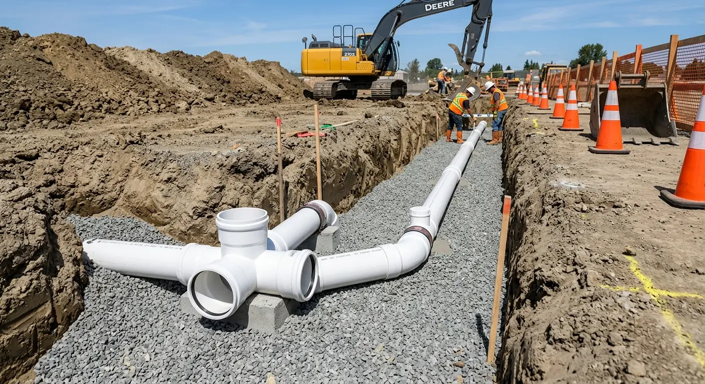 New PVC sewer pipe installation in open trench for Grease Trap Cleaning in Golden Valley