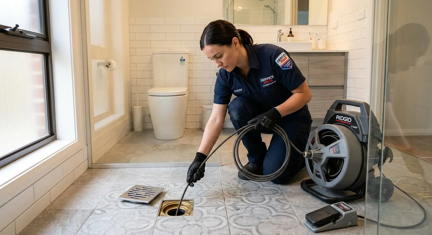 Technician clearing a bathroom floor drain for Sewer Line Installation in Golden Valley